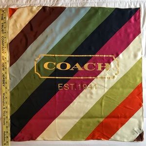 Coach silk scarf, 27”x27” multi color stripe w Coach & edge in gold